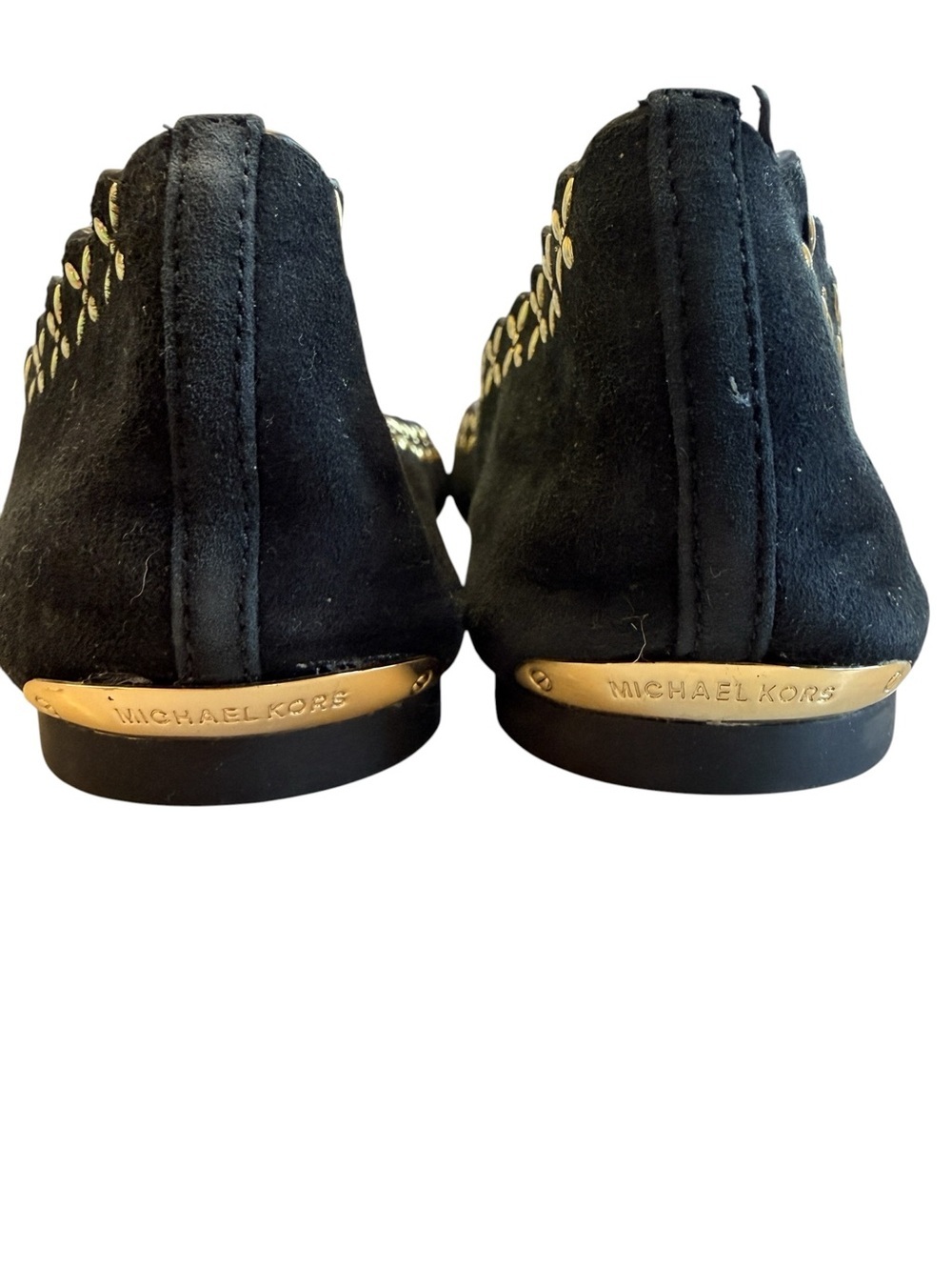 Michael Kors Black Suede Scalloped Ballet Flats with Gold Flower Studs - Picture 2 of 3